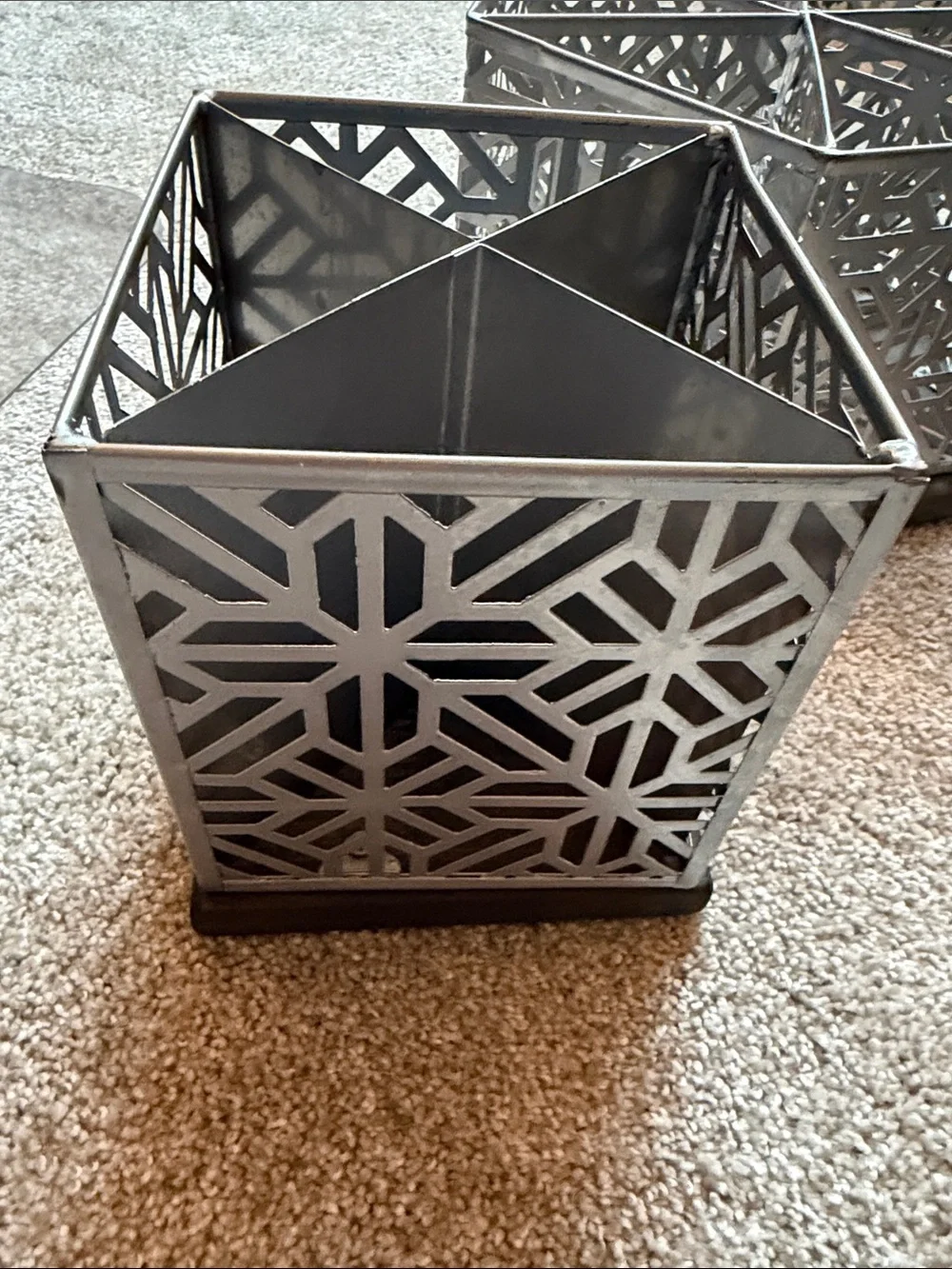 Decorative Hexagonal Metal Organizer Set in Silver. Set of 4. Wood bottoms.